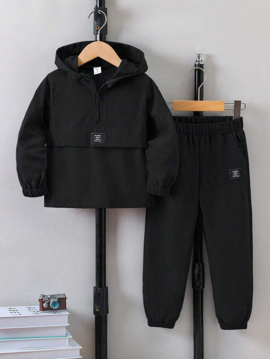 Sparklyn Young Boy Casual Commuter Fashion Letter Zip-Up Hooded Jacket And Drawstring Pants Set, Autumn/Spring