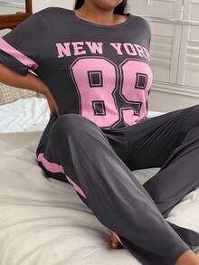 Plus Size Casual Numeric Slogan Pajama Set - Army Green - View 3