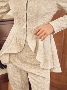 Omancia 优雅简约长袖束腰上衣和裤子女式两件套服装 - 卡其色 - 查看 4