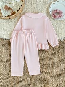 SHEIN 2pcs Baby Girls' Light Pink Autumn Cute Sleep Set,Rabbit Embroidery Peter Pan Collar Patchwork,White Lace Pocket,Ruffle Hem Cardigan & Pants Pajama Suit - Pink - View 2