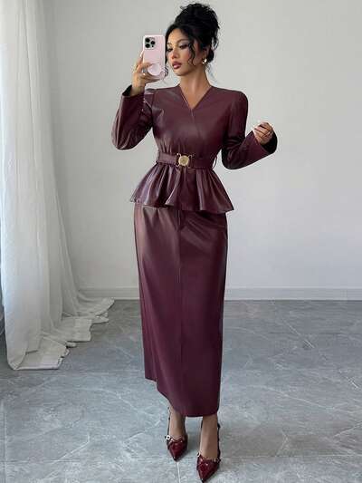 Women's Solid Color PU Leather Ruffle Hem Belted Top And Skirt Elegant 2-Piece Set
