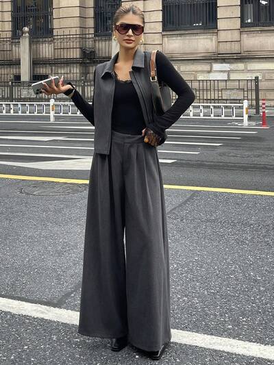 Conjunto de 2 piezas de chaleco con cremallera y pantalones de pierna ancha de moda callejera para mujer