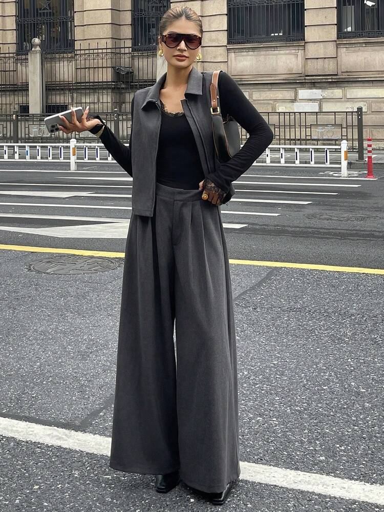 Women's Street Fashion Zip-Up Vest & Wide Leg Pants 2 Pieces Set