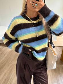 SHEIN EZwear Old Money 女士冬季休闲落肩长袖彩色毛衣，秋冬条纹毛衣，女士毛绒毛衣，秋季 - 彩色 - 查看 1