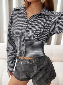 SHEIN Unity 条纹腰部收紧长袖女式长衬衫 - 灰色 - 查看 5