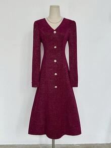 GlowEve Metallic Texture V-Neck Long Sleeve Cinched Waist A-Line Party Dress For Women, Autumn/Winter - Burgundy - View 3