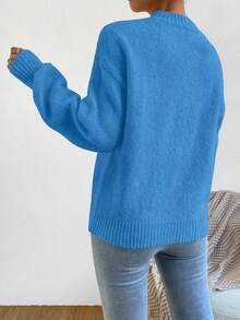 EMERY ROSE Women's Bright Blue Round Neck Drop Shoulder Lantern Sleeve Wool Blend Pullover Sweater - Blue - View 2