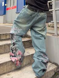 ROMWE MEN Grunge Punk Men's KPOP Floral Embroidery Pattern Loose Fit Jeans
