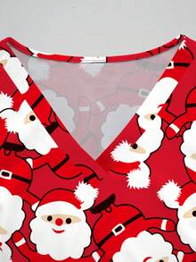 PopScrub Santa Claus Red Cartoon Print V-Neck Short Sleeve Pocket Nurse Scrub Uniform Set For Women - Multicolor - View 7