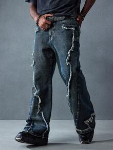 ROMWE MEN Street Life Herren Lässig Mode Straße Vintage Rohe Kante Weite Loose-Fit Jeans - Blau - Übersicht 5