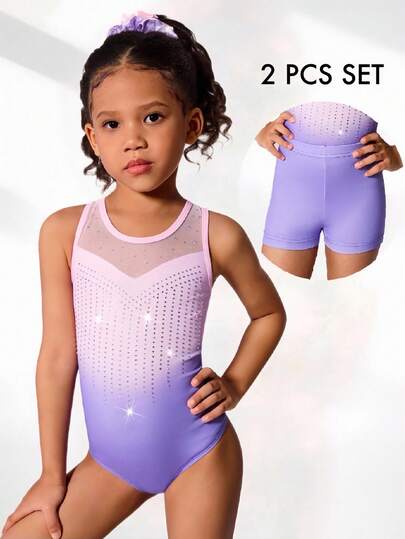 Bộ 2 món/Bộ đồ liền quần và quần đùi tập thể dục cho bé gái, họa tiết in dễ thương và trang trí bằng đá pha lê, thích hợp mặc thường ngày, thể thao, thi đấu