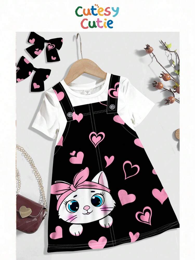 SHEIN 可爱粉色爱心和小猫印花，女婴休闲宽松卡通图案圆领短袖连衣裙，适合夏季穿着，黑白粉色女婴卡通可爱套装连衣裙 - 彩色 - 查看 1