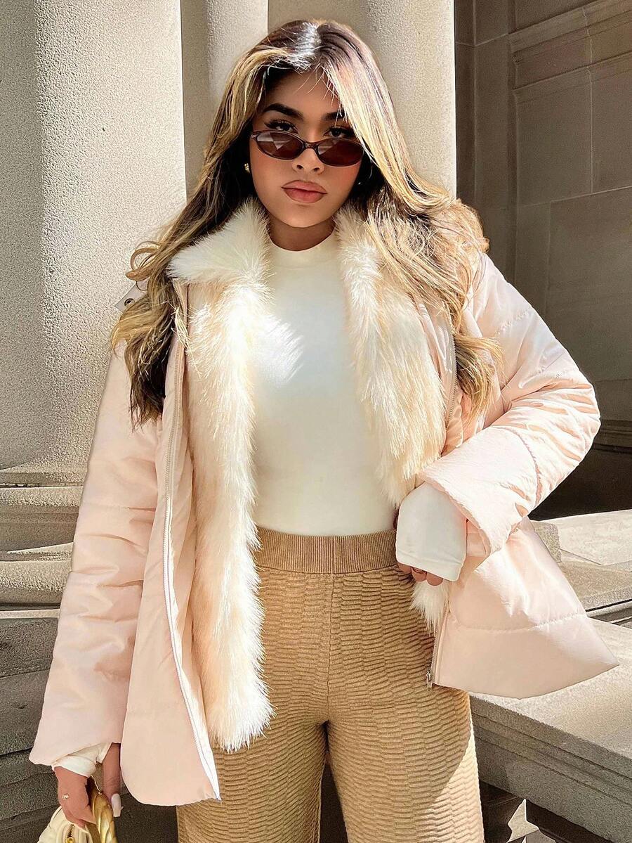 Xyvia Standard Size Hooded Fur Collar Patchwork Zipper Hem Drawstring Regular Length Padded Coat, Autumn/Winter - Apricot - View 1