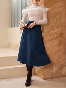 Modelyn Solid Color Faux Suede Flared Elegant Long Skirt For Women - Royal Blue - View 8