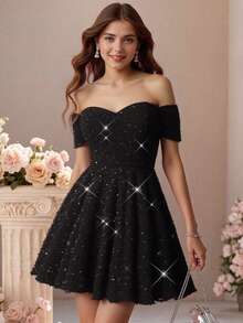 Pitira Teen Girls' Elegant Off-Shoulder Solid Black Mini Dress, Sundress, Casual Minimalist Chic, Suitable For Wedding Season, Socialite, Autumn/Winter, Party Wear, Everyday, Birthday, Princess, Spring Festival