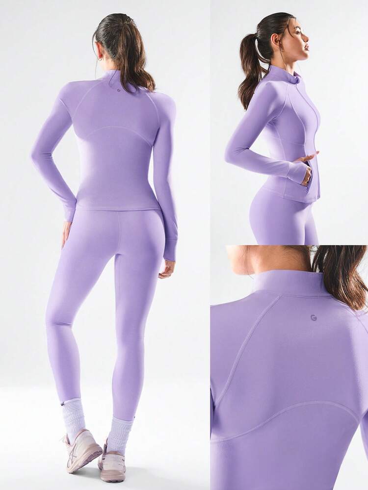 FeatherFit™ para DD+ Chaqueta con cremallera de manga larga de bajo impacto para yoga y uso diario en otoño, con bolsillos seguros y silueta estilizada