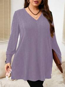 EMERY ROSE Camiseta casual holgada de mujer de talla grande con cuello en V, manga larga y diseño de botones acanalados de unicolor - Morado - Ver 4