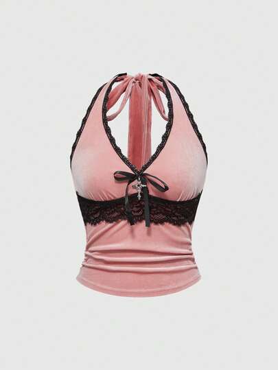 Goth Gothic Lace & Velvet Fitted Halter Neck Tank Top For Women, Versatile Basics