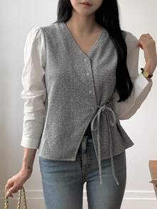 DAZY Women's Casual Elegant Patchwork Oblique Collar Tie Long Sleeve Shirt, Autumn/Winter