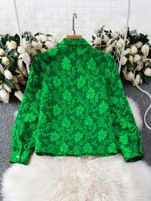 Chiquease 女士绿色提花面料翻领长袖休闲通勤时尚优雅复古衬衫 - 綠色 - 查看 4