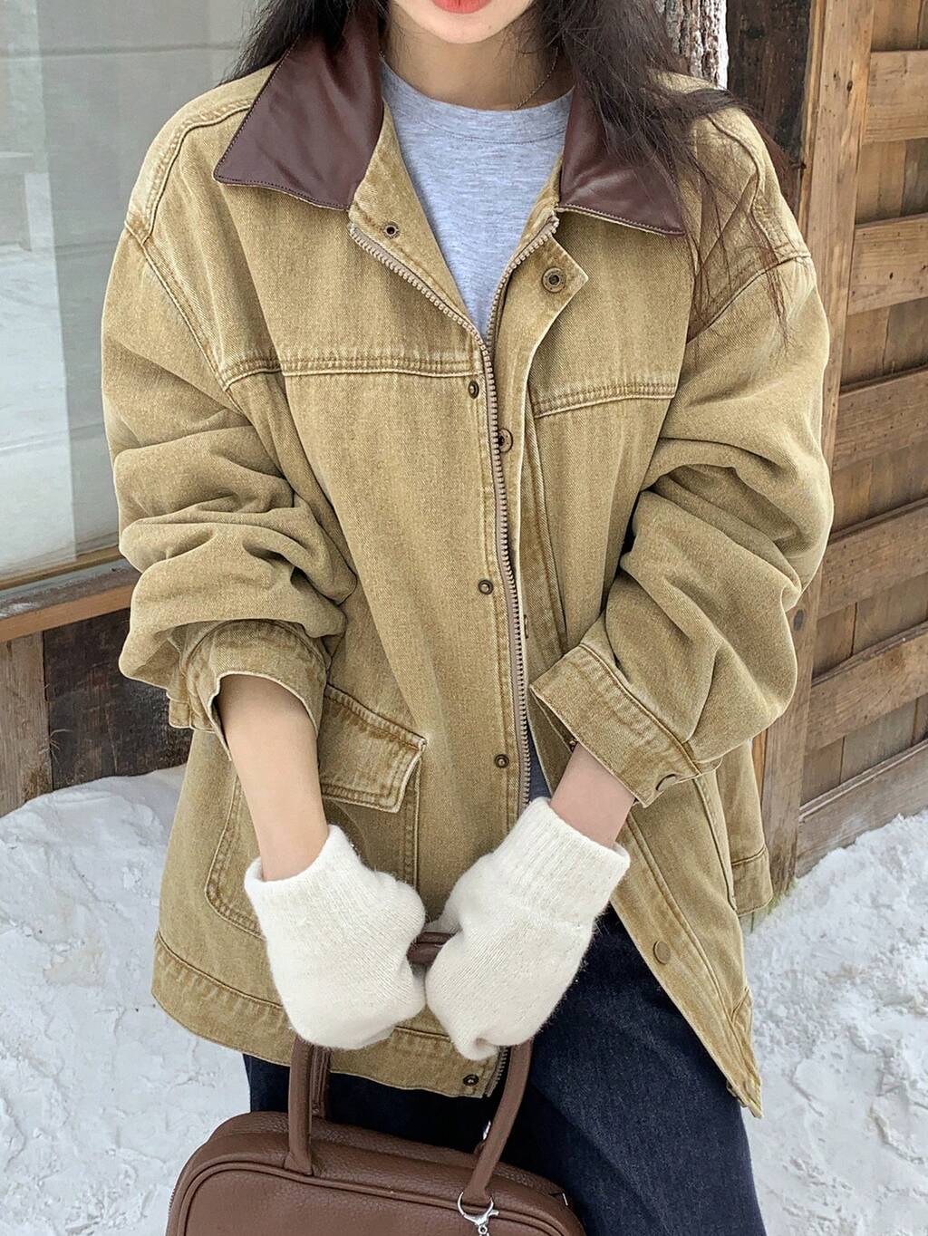 Women's Loose Casual Street Style Patchwork Contrast Color Retro Denim Jacket, Autumn/Winter