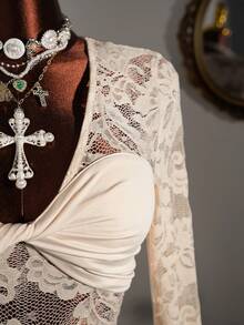 Y2K Amplova Romantic Christmas New Year Thanksgiving Party Women's Floral Lace Twist Design Long Sleeve Tie Hem Sexy Fashion Dress,Party Dresses For Women