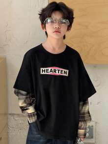 DAZY 青少年男孩休闲格子拼布字母印花 T 恤，秋季 - 黑色 - 查看 3