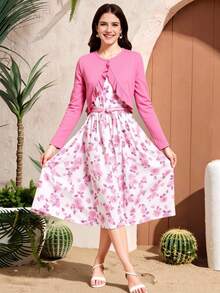 2pcs/Set Elegant Teen Girls' Open-Front Jacket And Printed Dress Outfit,Holiday,Summer,Travel - Baby Pink - View 3