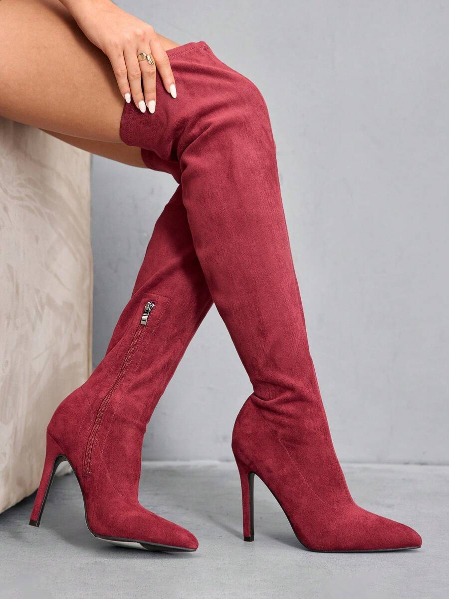 CUCCOO SZL Side Zipper Design Fashion Pointed Toe Slim High Heel Over-The-Knee Boots For Women - Burgundy - View 1