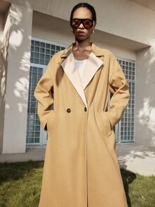 SHEIN LUNE Women's Fashionable & Elegant Contrast Color Scarf Collar Split Back Woolen Coat - Multicolor - View 5