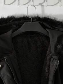 EMERY ROSE Jaqueta de Inverno Plus Size com Cordão na Cintura, Botões Decorativos nas Costas, Casaco Parka com Zíper, Capuz de Pele Sintética - Preto - Visão 5