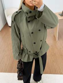 SHEIN EZwear Women's Olive Green Autumn Casual Occasion Windbreaker,High Neck Belt Waist Raglan Sleeve Woven Double-Breasted Winter Jacket Christmas Clothing - Green - View 5