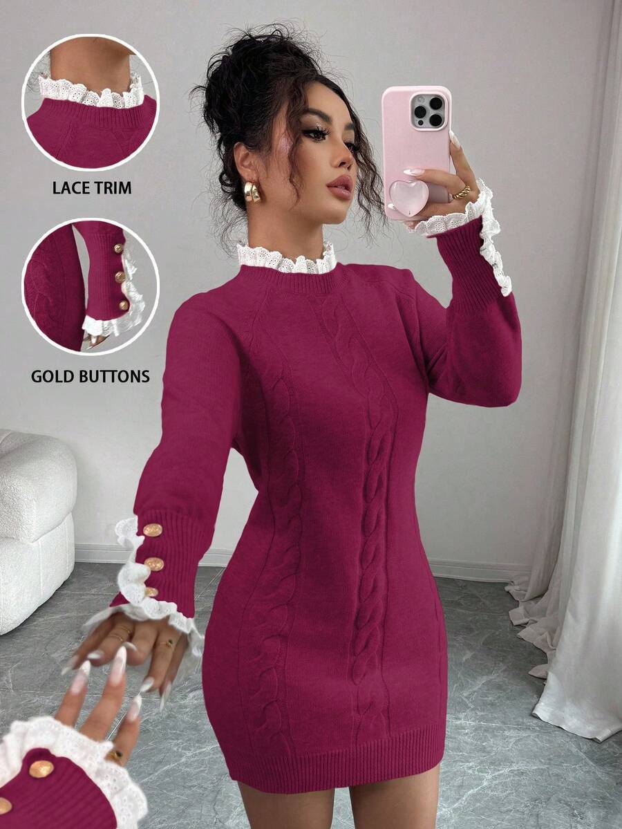 Elenzga Gaun Musim Gugur/Dingin Lengan Panjang dengan Tali Kepang, Kerah Bulat, dan Hiasan Renda, Warna Aprikot - Hot Pink - View 1