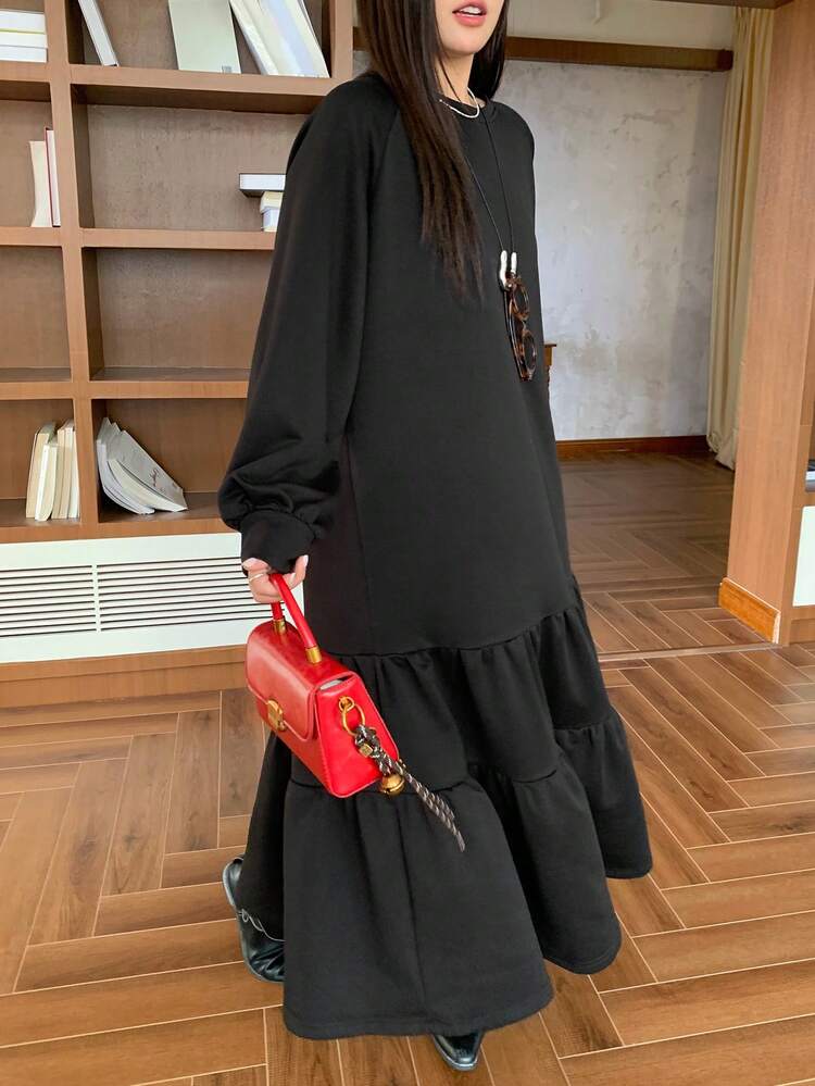 Dazy Plus Plus Size Women Casual Lantern Sleeve A-Line Dress With Ruffle Hem Patchwork, Spring/Autumn