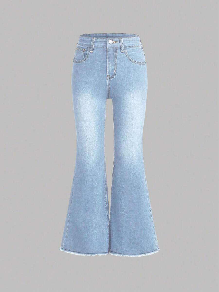 SHEIN Explorewe Quần Jeans Ống Rộng Co Giãn, 5 Túi, Phong Cách Thời Trang Đa Năng, Phù Hợp Cho Bé Gái Tuổi Teen, Cổ Điển, Y2K, Dạo Phố, Học Thuật, Thường Ngày - Rửa nhẹ - Xem 1