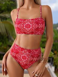 SHEIN Swim Bộ đồ bơi nữ 2 món (Bản in, đã mua bản quyền) - Đỏ - Xem 6