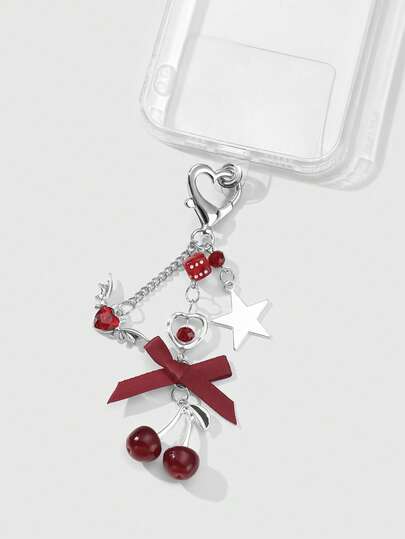 Kawaii 1pc Y2K Chic & Sweet Fashion Delicate Personalized High-Quality Silver Hollow Chain Crystal Ball Dice Wing Water Diamond Heart Star Ribbon Bow Cherry Resin Pendant DIY Keychain, Bag Charm, Cup Hanger, Phone Charm, Comes With Phone Holder & Heart Sticker, Suitable For Women, Girls, Daily Wear, Holiday Gift