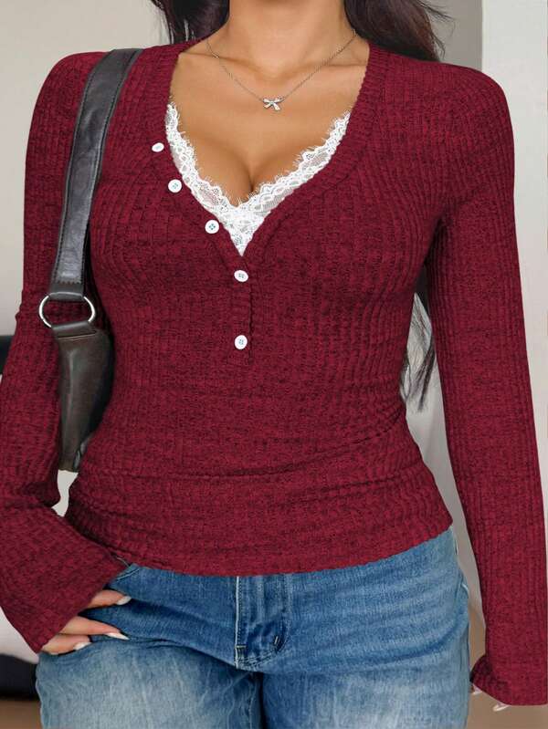 Vibekara Plus Size Women's Casual Knitted V-Neck Lace Patchwork Button Decorated Long-Sleeved Autumn And Winter Top Maroon Top Burgundy Tops For Women Wine Red Top Dark Red Top Red Long Sleeve Top Burgundy Long Sleeve Top