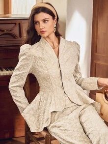 Omancia 优雅简约长袖束腰上衣和裤子女式两件套服装 - 卡其色 - 查看 6