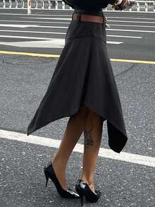 DAZY Asymmetric Ruffle Hem Retro Cowgirl Casual Street Music Festival Denim Skirt For Women, Autumn/Winter - Grey - View 4