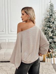 SHEIN LUNE Women's Light Beige Autumn Casual Everyday Loose Fit Brushed Oblique Shoulder Long Sleeve T-Shirt,Off The Shoulder Sweater Top Blouses - Khaki - View 2