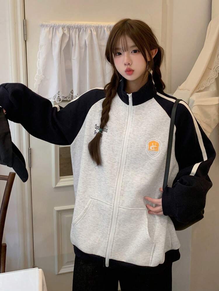 Women's Contrast Color Raglan Sleeve Ribbon Patchwork Loose Open Front Letter Print Streetwear Casual Sweatshirt