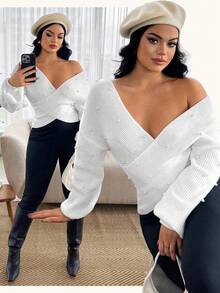 SHEIN SXY Autumn/Winter Studded Crossover Long Sleeve Off-Shoulder Sweater,New Year,Thanksgiving,White ,,Pearl - White - View 7