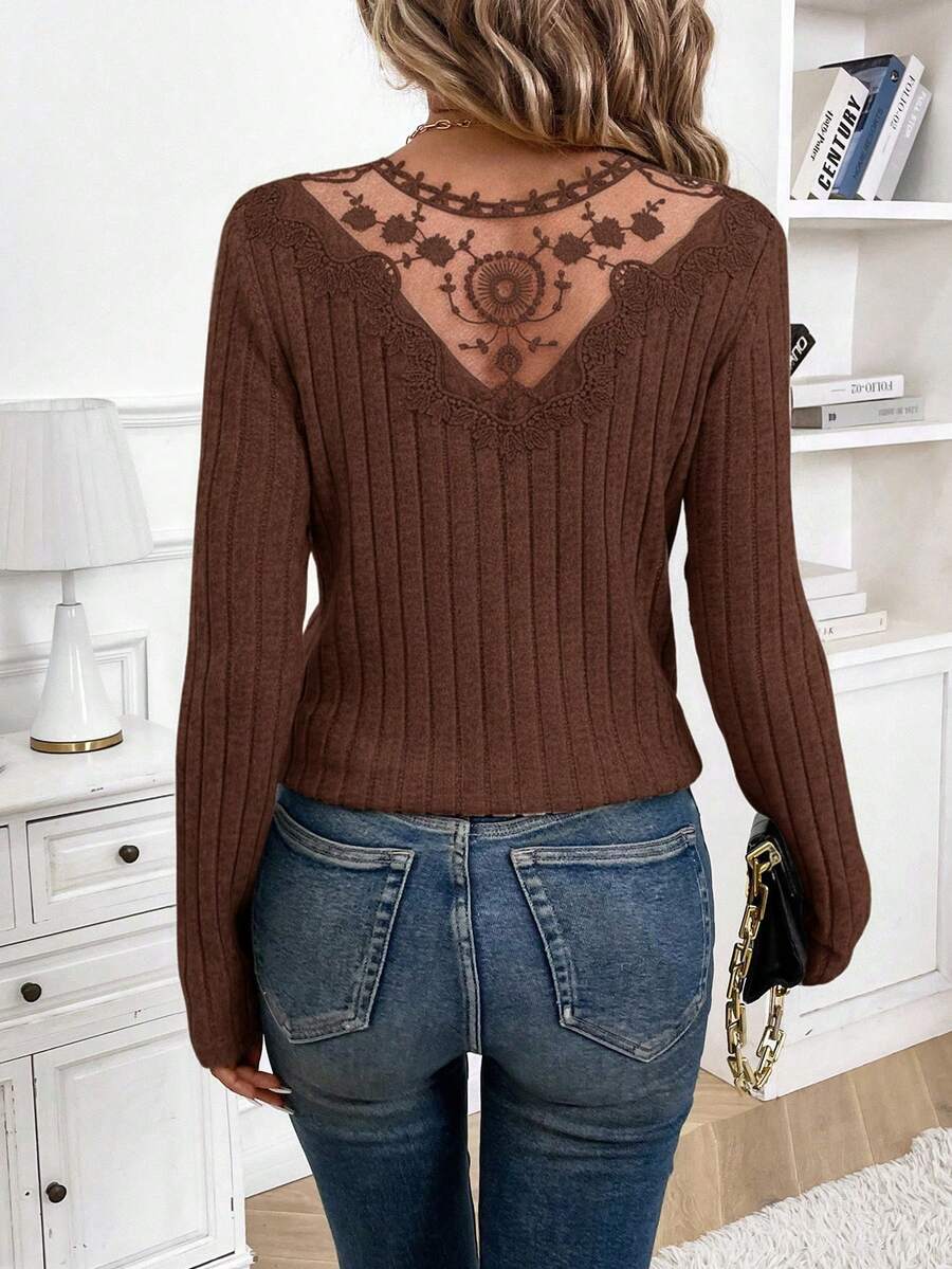 SHEIN Frenchy Casual Commuter Solid Color Lace Patchwork Long Sleeve T-Shirt, Autumn Winter Brown Spring - Brown - View 1