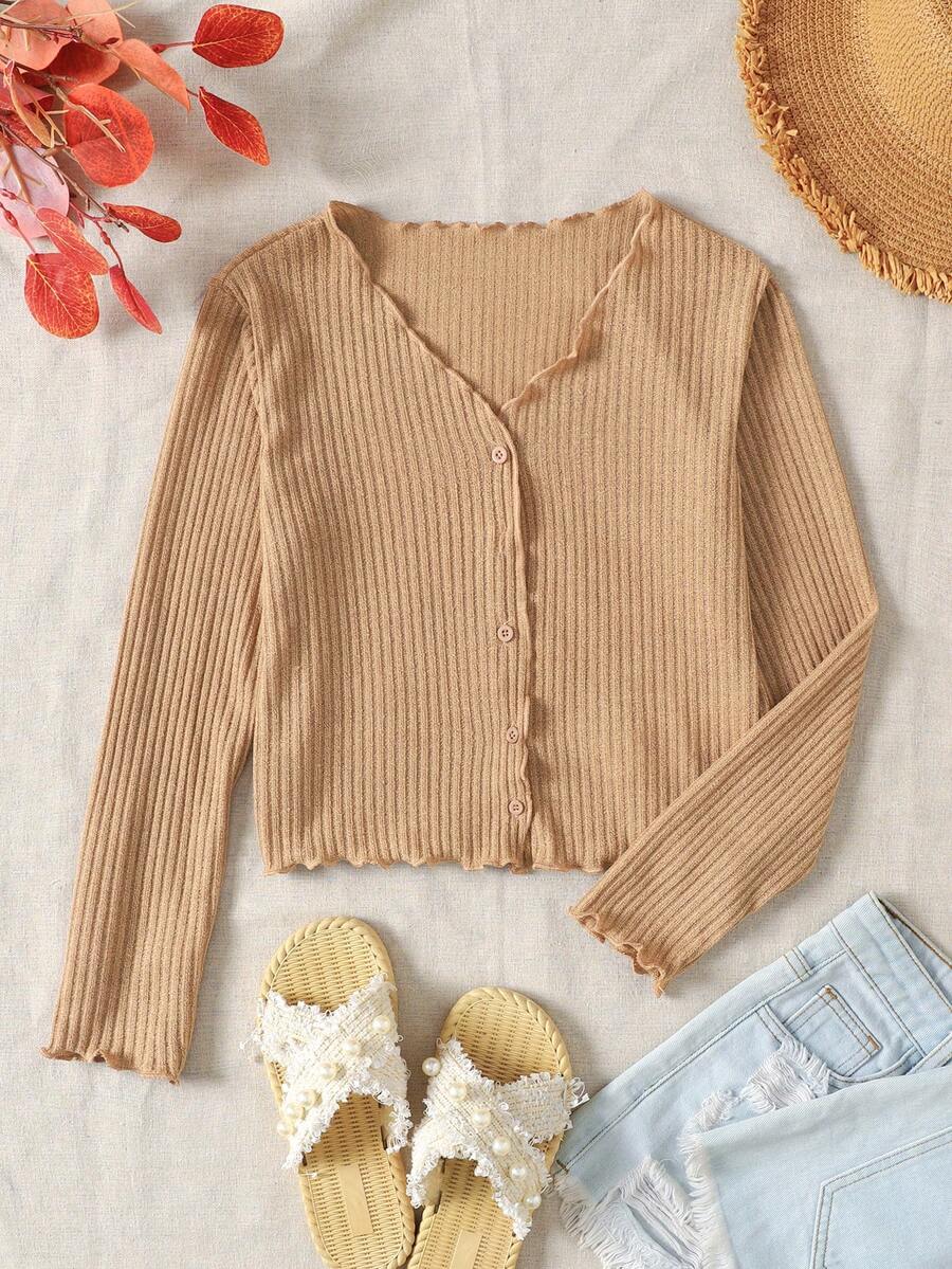 SHEIN Tween Girl Casual Everyday Ribbed Collar Ruffle Trim Fitted Cardigan - Khaki - View 1