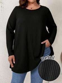 Firerie Plus Size Solid Color Ribbed Knit T-Shirt,Long Sleeve Jumper Sweater Tunic,Black,Autumn,Smart Casual,Everyday Casual Spring Top For Women - Black - View 1