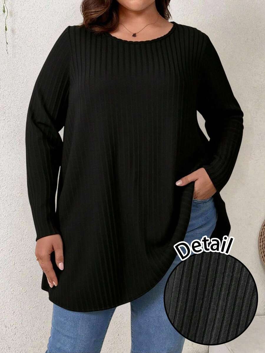 Firerie Plus Size Solid Color Ribbed Knit T-Shirt,Long Sleeve Jumper Sweater Tunic,Black,Autumn,Smart Casual,Everyday Casual Spring Top For Women - Black - View 1
