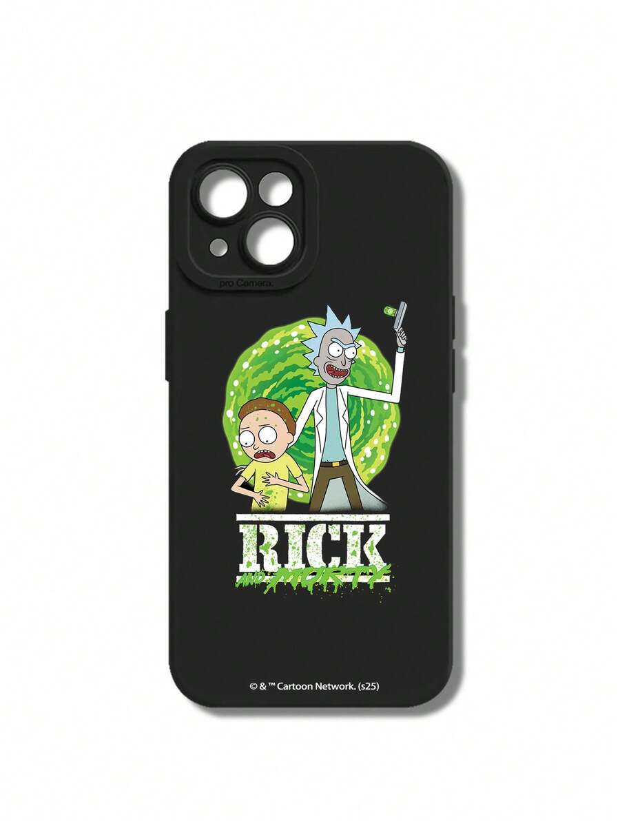 Rick and Morty X SHEIN 1个绿色毒药医生男孩创意卡通联名高端手机壳,简约黑色精准开孔防摔时尚设计,万圣节和圣诞节节日礼物,兼容 17/16/15/14/13/12/11和Galaxy S25/24/23 - 黑色 - 查看 1