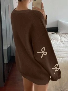 DAZY Women's Loose Fit Crew Neck Bow Jacquard Drop Shoulder Fashionable Knit Pullover Sweater - Brown - View 4