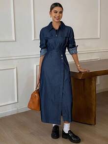DAZY Đầm maxi denim cài cúc phía trước với chi tiết vạt áo - Rửa tối - Xem 1